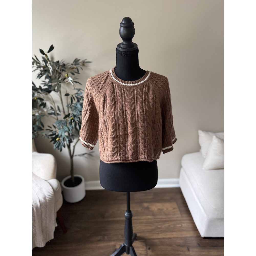 Sugar Moon Brown Cable Knit Cropped Short Sleeve Sweater Tipped Trim Medium